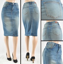 Women Denim skirt midi stretch 26" pencil vintage wash basic 5pocket WG-77247