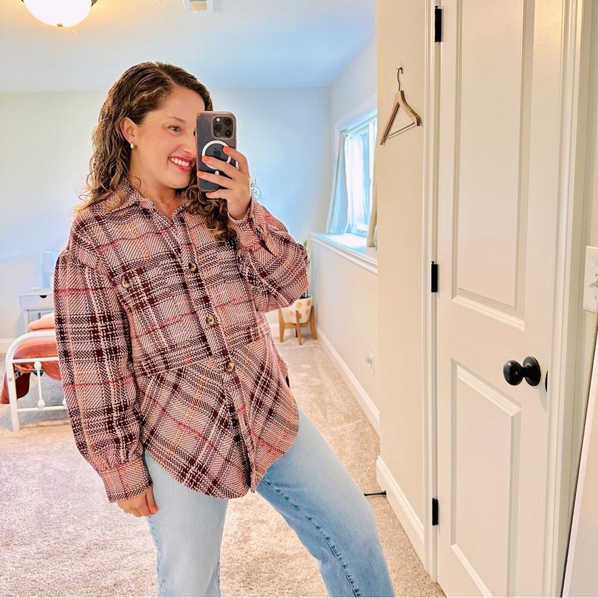 Pink Red Plaid Shirt Jacket Small