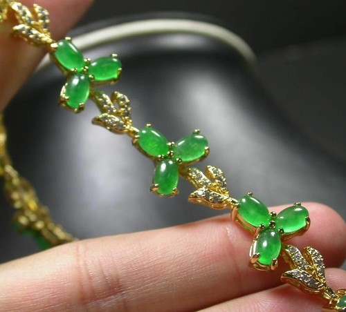 Genuine Green Jade Cabochon Oval Cubic Zirconia Flower 18KGP Bangle Bracelet - Picture 5 of 7
