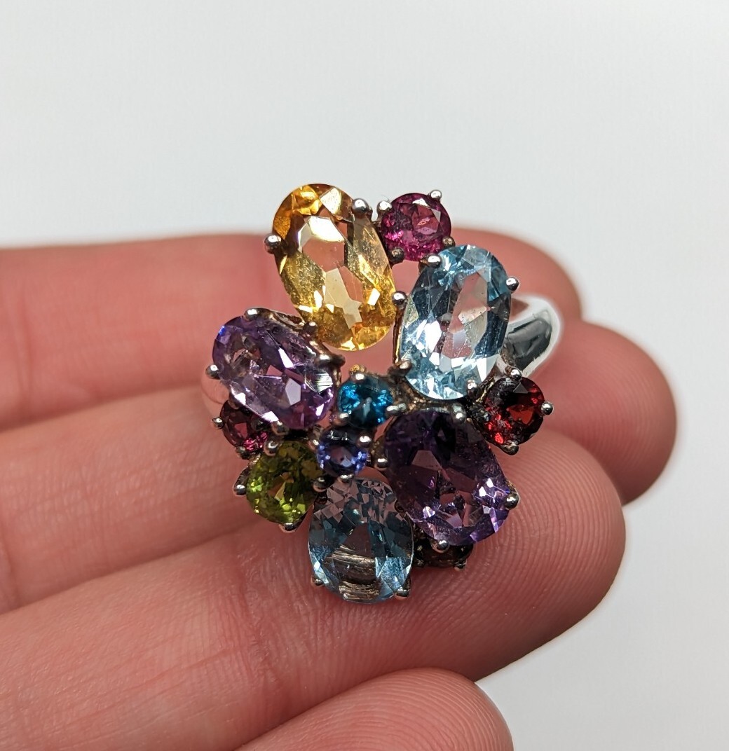 Sterling Silver 925 Multicolor Multi Gemstone Clu… - image 14