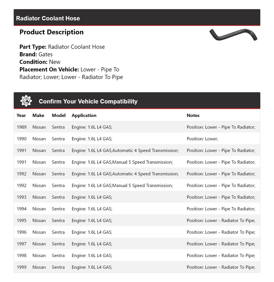 Puertas de manguera de refrigerante de radiador de gas L4 1,6 L 1989-1999 Nissan Sentra 1990 1991 Foto 2 de 4