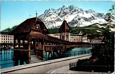 Luzern Kapellbrucke Pilatus Wob Note Pm Snow Covered Mountains View Postcard