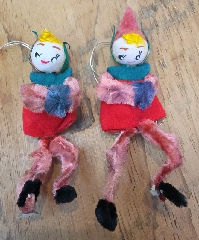 TWO Vintage Pixie Elves Felt Hugs Christmas Ornaments Bendable