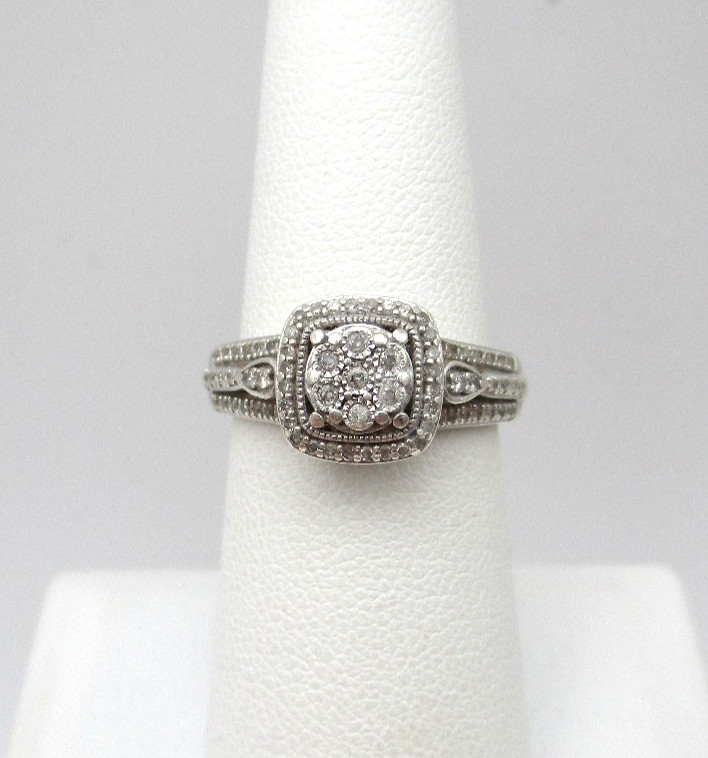 Sterling Silver 79 Diamond Halo Cluster Ring SIze 6.5 [R354]