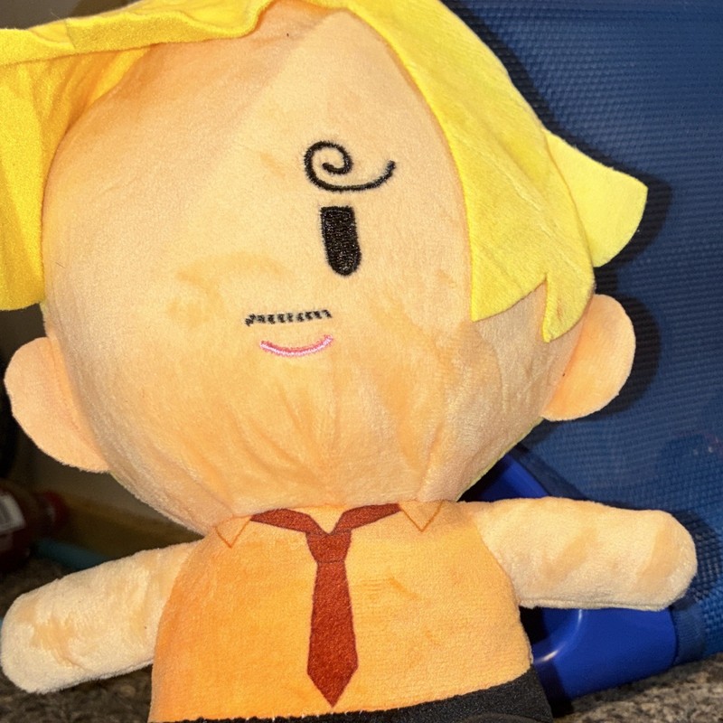 Yellow Hair Cartoon Character Plush Doll with Orange Shirt and Tie, Animation
