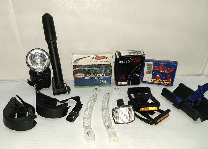 Lot of Misc. Bicycle Parts. Inner Tubes/Pump/Light/Levers/Pedals/Reflectors