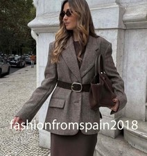 ZARA NEW WOMAN HERRINGBONE BELTED BLAZER JACKET TAUPE BROWN XS-XL 4387/263/707
