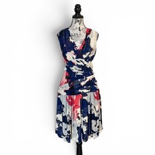 Banana Republic Dress Womens 8 Blue Pink Abstract Floral Pleated Wrap V-Neck