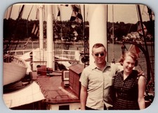 Vtg Color Snapshot Couple On Yacht Sunglasses 1960s