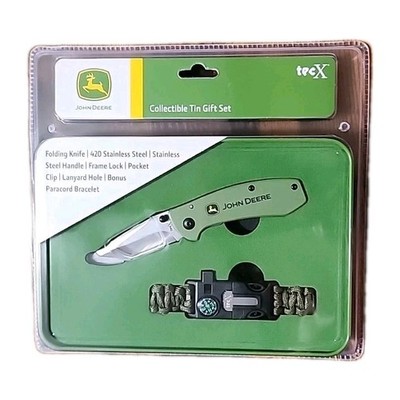John Deere TecX Tin Set Folding Knife 420 Stainless Steel And Paracord Bracelet 
