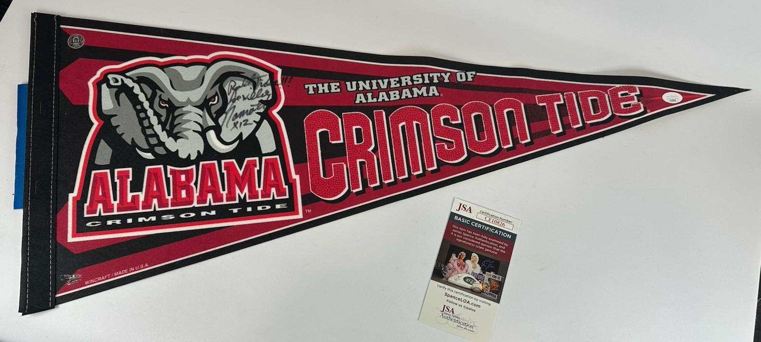 JOE NAMATH ALABAMA CRIMSON TIDE SIGNED PENNANT W/ FULL NAME & ROLL TIDE - JSA 
