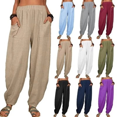 Summer Womens Ladies Cotton Linen Baggy Casual Harem Pants Trousers Plus Size