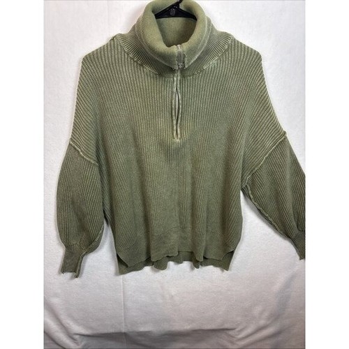 Aerie Cozy Up Waffle Thermal Knit Oversized 1/4 Zip Pullover Sweater Green Xs