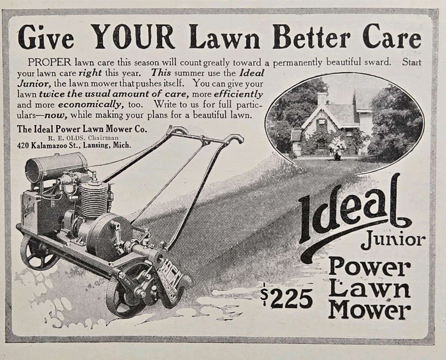 Ideal Junior Power Lawn Mower Print Ad 1916 - Lansing MI Better Lawn Care