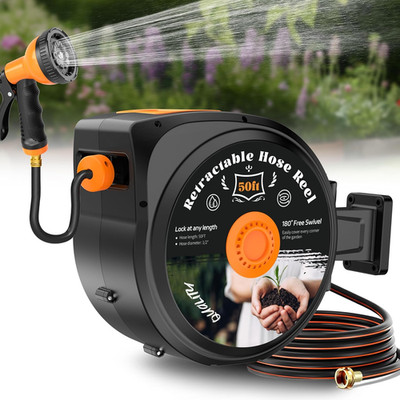 Retractable Garden Hose Reel, 1/2 in x 50 ft Wall Mounted Hose Reel Heavy Duty w