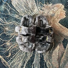 Bebe Plush Gray and Gold Faux Fur Slippers Slides SZ 7 Soft Sandals Rhinestone