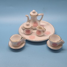 VTG Dollhouse Miniature Tea Set Pink Floral 2 Cups Saucer Teapot Sugar Creamer