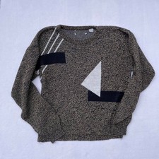Vintage 90s Grandpa Core Knit Brown Geometric Crewneck Sweater Jumper Size S