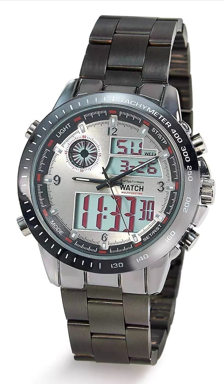 Montre homme automatique et digitale avec boîtier en acier inoxydable gris acier