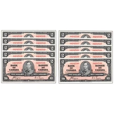 $2 1937 Bank of Canada Notes A/R Prefix BC-22c - 10 Consecutive AU/UNC