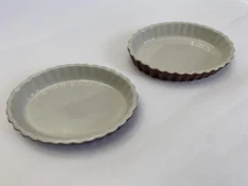 New! 2 HALL USA #853 6" White/Brown Ovenware Fluted Au Gratin Souffle  Vintage