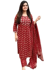 GoSriKi Women's Rayon Blend Printed Straight Kurta with Pant & Dupatta