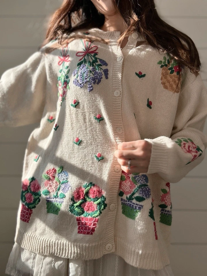 Vintage Novelty Sweater Quaker Factory Cardigan Garden Lovers 1X  - Image 3 of 4