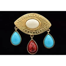 Vintage Cabochon Evil Eye Teardrop Pin Brooch Boho Ornate Chunky NOS 1980s A23