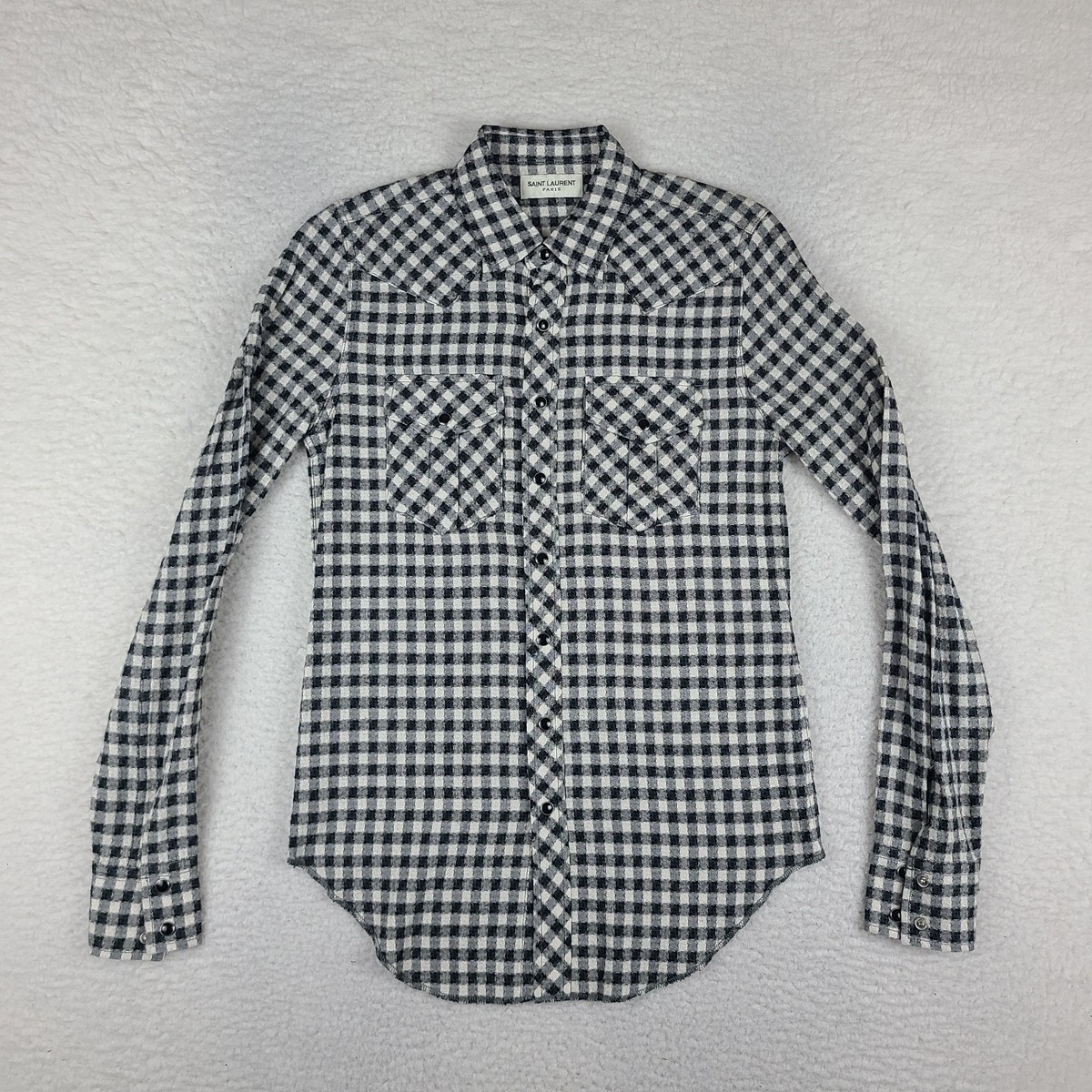 Saint Laurent Paris Shirt Mens Small Black Gray Western Pearl Snap