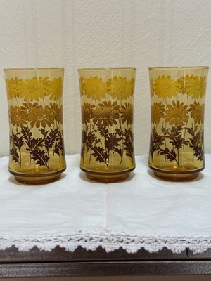 Vintage Libby Retro Amber Glass Tumblers Set of 3 Floral Design 5 Inch Decorated
