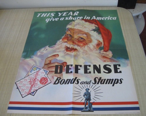 Vtg 1941 GIVE A SHARE IN AMERICA WWII War Defense Bonds Poster, Wilkinson~Santa