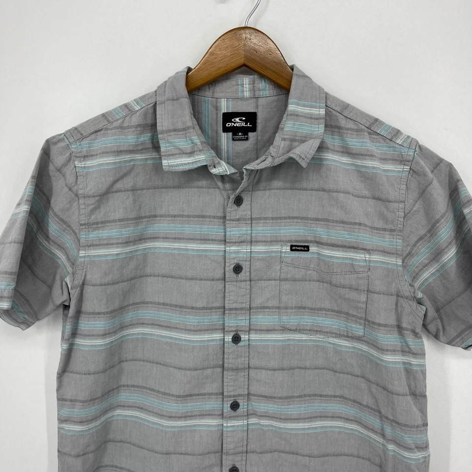 O'Neill Short Sleeve Button Shirt Men's Size M Gray Striped Pocket Cotton - Image 2 of 4