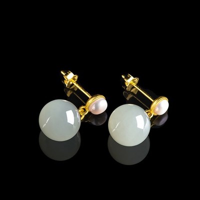 Real 925 Sterling Silver White Jade Ball Charm Drop Dangle Earrings for Her