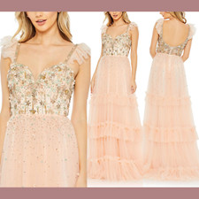 NWT 598 Mac Duggal 6 Floral Ruffle Beaded Bodice Gown in Apricot Fairy J58