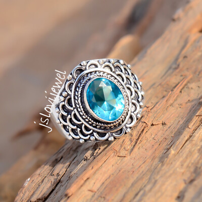 Swiss Blue Topaz Gemstone 925 Sterling Silver Handmade Ring Festival ...
