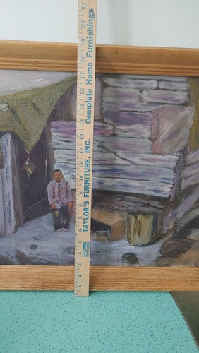 Folk Art Painting on Board Stressed Sad Boy Outside Shack Possibly Native Artic - Picture 6 of 7