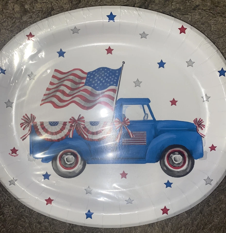 Patriotic Blue Truck  12-inch Oval Paper Plates 8 Pack 10" x 12" Fall Tableware - Image 2 of 4