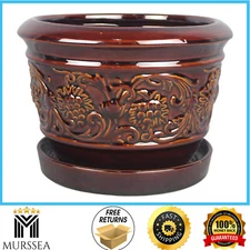 8 In. Dia Brown Rustic Damask Ceramic Planter