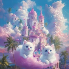 White Kittens in a Cloudy Fairytale City,  Fantasy Art, Print 40.6 x 40.6 cm