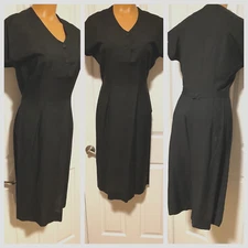 VTG 60's NELLY DON CLASSIC BLACK DRESS LINEN W/ BACK BELT RAT PACK RETRO - M-L