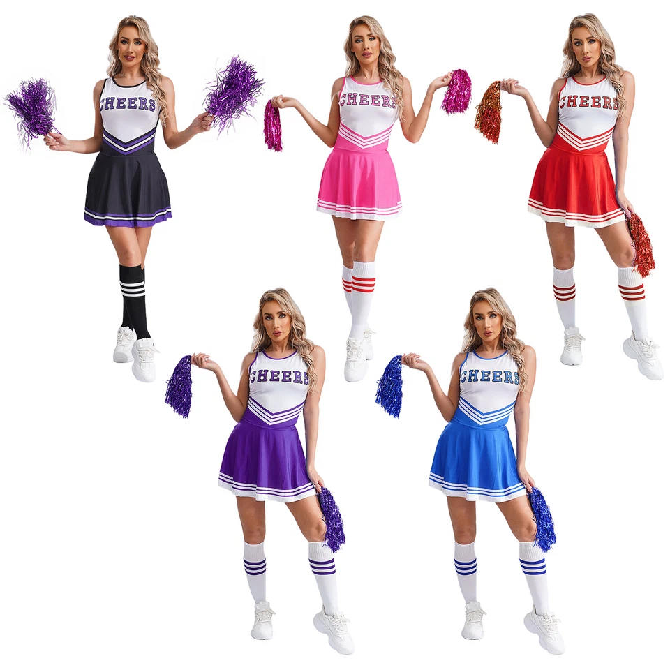 Mujeres Animadora Colegialas Cosplay Uniforme Vestido con Accesorios Conjunto Foto 4 de 4