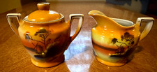 Vintage Nipon Japan Childs Cre m and Sugar Set Windmill Sunset Scene 259