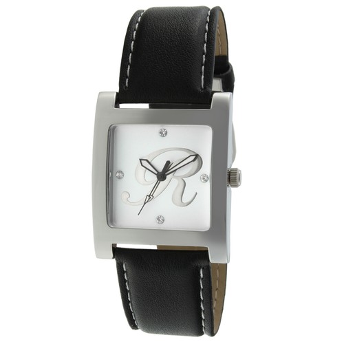 Women Silver Tone Square Wrist Watch w/ Black Leather Strap & Initials Dial - Picture 9 of 24