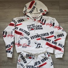 Tommy Hilfiger All Over Print Denim Set Hoodie Crop Top S Sweatpants XXS