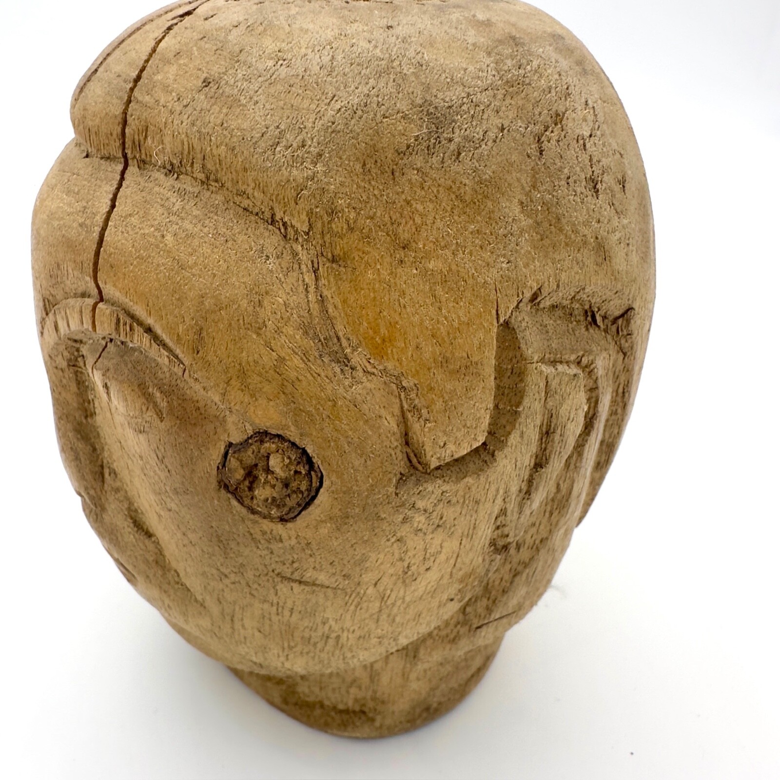 Antique Southeast Asian Hand-Carved Wooden Head Statue - 5" Tall, Batak Shaman?