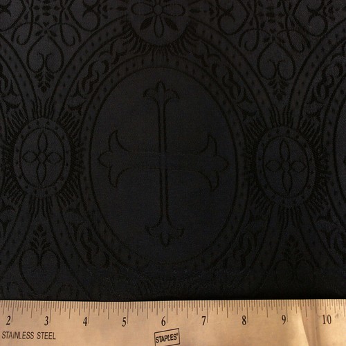 BLACK SATIN REVERSIBLE JACQUARD LITURGICAL FABRIC CROSS BROCADE CLERGY DIY SEW - Picture 3 of 4