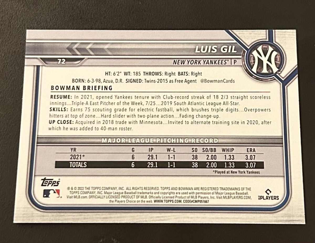 2022 Bowman #72 Luis Gil RC Sky Blue Parallel /499 Rookie