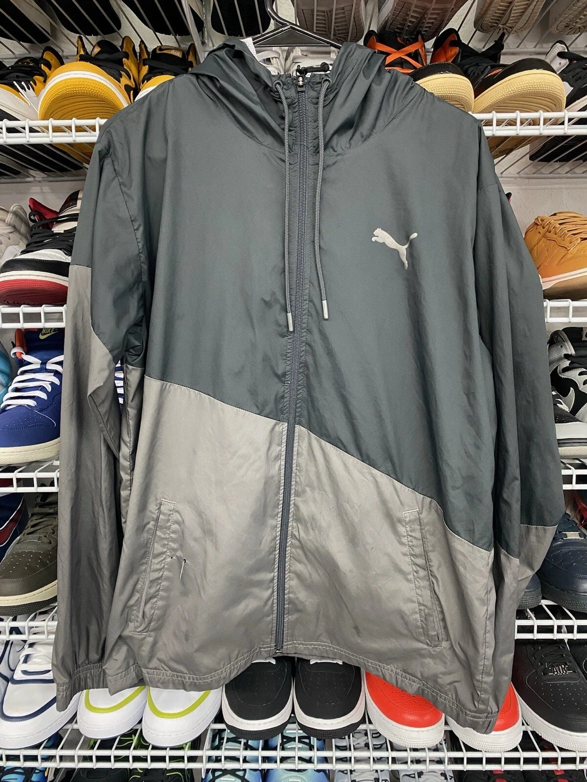 Puma Windbreaker Jacket Mens Grey Colorblock Lightweight Logo Size Small