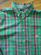 Chaps Easy Care Button Down Shirt Mens L Large Green Red Plaid Logo Long Sleeve