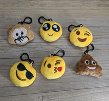 Plush Emoji Clip Key Chain 6 Piece Bundle 2" Kiss Wink Glasses Poop Monkey Eyes
